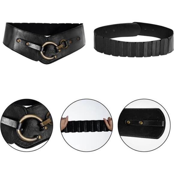 Women\'s Wide Elastic Waist Belt  Black Vegan Leather Stretch Interlock Buckle main image 4